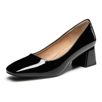 Heel The World Women's Black Low Chunky Block Heels Comfortable Closed Toe Work Pumps Square Toe Pat...