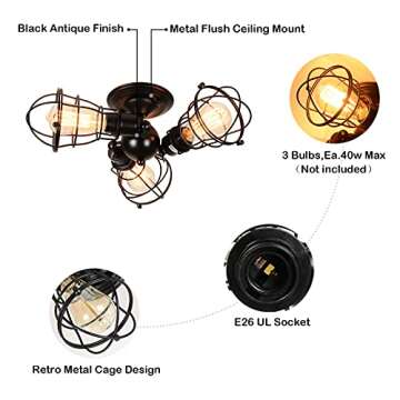 Airposta Industrial 3-Light Semi Flush Mount Ceiling Light, Rustic Black Metal Wire Cage Pendant Lig...