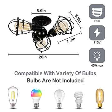 Airposta Industrial 3-Light Semi Flush Mount Ceiling Light, Rustic Black Metal Wire Cage Pendant Lighting Fixtures for Kitchen Hallway Bedroom Farmhouse Porch Living Room Dinning Room Stairway Garage