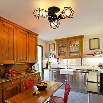 Airposta Industrial 3-Light Semi Flush Mount Ceiling Light, Rustic Black Metal Wire Cage Pendant Lighting Fixtures for Kitchen Hallway Bedroom Farmhouse Porch Living Room Dinning Room Stairway Garage