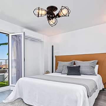 Airposta Industrial 3-Light Semi Flush Mount Ceiling Light, Rustic Black Metal Wire Cage Pendant Lighting Fixtures for Kitchen Hallway Bedroom Farmhouse Porch Living Room Dinning Room Stairway Garage