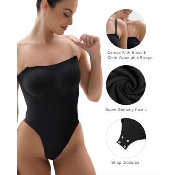 SHAPERX Strapless Bodysuit for Women Tummy Control Seamless Shapewear Thong Body Shaper with Invisible & Removable Straps,SZ5216-Black-L/XL