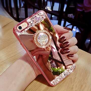 Black Lemon hui-41 iPhone 7 Plus Case, Luxury Crystal Rhinestone Soft Rubber Bumper Bling Diamond Glitter Mirror Makeup Case with Ring Stand Holder - Rose Gold