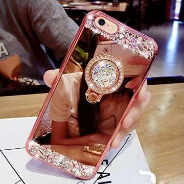 Black Lemon hui-41 iPhone 7 Plus Case, Luxury Crystal Rhinestone Soft Rubber Bumper Bling Diamond Glitter Mirror Makeup Case with Ring Stand Holder - Rose Gold
