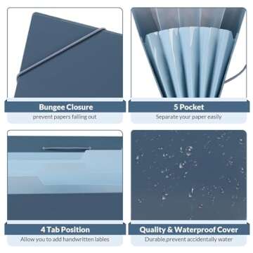 SKYDUE Accordion File Organizer, 5 Pocket Expanding File Folders with Pockets，Document Organizer Folio Portable Paper Organizer，School Office Supplies Black Blue