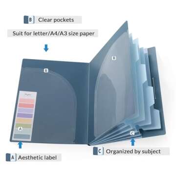 SKYDUE Accordion File Organizer, 5 Pocket Expanding File Folders with Pockets，Document Organizer Folio Portable Paper Organizer，School Office Supplies Black Blue