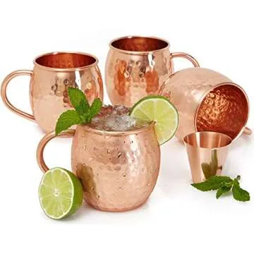 Willow & Everett Set of 4 Moscow Mule Copper Mugs with Copper Shot Glass - 4 16oz Copper Moscow Mule Mugs - Solid Copper Hammered Mug - Copper Cups for Moscow Mules