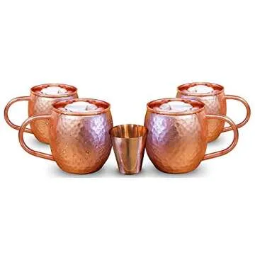 Willow & Everett Set of 4 Moscow Mule Copper Mugs with Copper Shot Glass - 4 16oz Copper Moscow Mule Mugs - Solid Copper Hammered Mug - Copper Cups for Moscow Mules