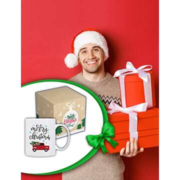 BLUE RIBBON Christmas Coffee Mug, Holiday Coffee Mug MERRY CHRISTMAS, Funny Christmas Movie Mugs from family, friends -Mug in Decorative Christmas Gif
