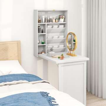 Tangkula Foldable Wall Mounted Desk, Floating Desk with Storage Shelves & Hooks, Space-Saving Fold-U...