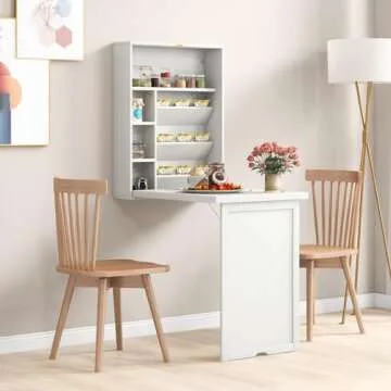 Tangkula Foldable Wall Mounted Desk, Floating Desk with Storage Shelves & Hooks, Space-Saving Fold-Up Murphy Desk for Small Spaces, Home Office, Dorm Room