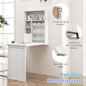 Tangkula Foldable Wall Mounted Desk, Floating Desk with Storage Shelves & Hooks, Space-Saving Fold-Up Murphy Desk for Small Spaces, Home Office, Dorm Room