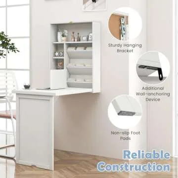 Tangkula Foldable Wall Mounted Desk, Floating Desk with Storage Shelves & Hooks, Space-Saving Fold-Up Murphy Desk for Small Spaces, Home Office, Dorm Room