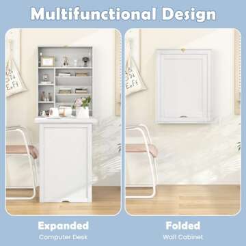 Tangkula Foldable Wall Mounted Desk, Floating Desk with Storage Shelves & Hooks, Space-Saving Fold-Up Murphy Desk for Small Spaces, Home Office, Dorm Room