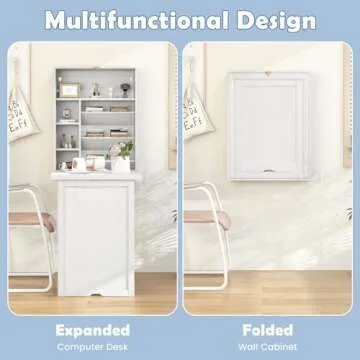 Tangkula Foldable Wall Mounted Desk, Floating Desk with Storage Shelves & Hooks, Space-Saving Fold-Up Murphy Desk for Small Spaces, Home Office, Dorm Room