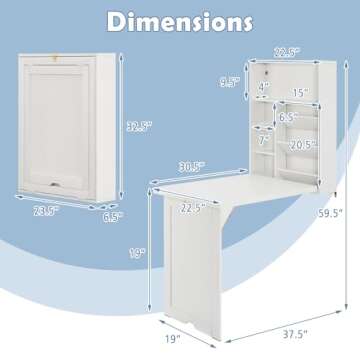 Tangkula Foldable Wall Mounted Desk, Floating Desk with Storage Shelves & Hooks, Space-Saving Fold-Up Murphy Desk for Small Spaces, Home Office, Dorm Room