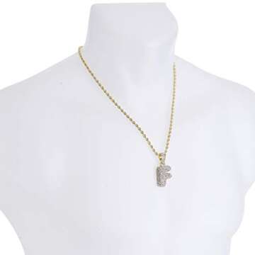 metaltree98 Fashion Personal Alphabet Letter 20" Rope Chain A - Z Bubble Initial Gold Plated Iced CZ Pendant Necklace Women Men F