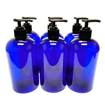 ljdeals 16 oz Cobalt Blue Plastic Bottle with Black Lotion Pump, Pack of 6, BPA Free, Made in USA