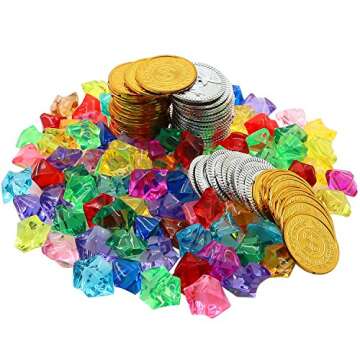 1790 HEHALI 320pcs Pirate Themed Treasure Set, 160 Gold Coins & 160 Colored Gems, High Gloss Acrylic & Plastic, 1.4-1.5inch, Party Gifts