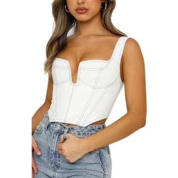 MOALLUOM Deep V Neck Sleeveless Corset Crop Top for Women - Chic Cottagecore Aesthetic