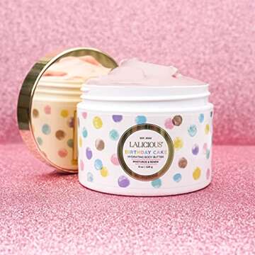 LaLicious Birthday Cake Shimmering Body Butter - Hydrating Body & Skin Moisturizing Cream with Whipped Shea Butter, Vitamin E, Cucumber Extract & Apricot Oil - No Parabens (8oz)