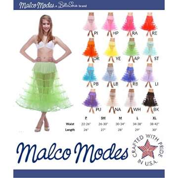 Malco Modes Melonie Luxury Crinoline Petticoat with Organza Binding & Adjustable Waist and Length fo...