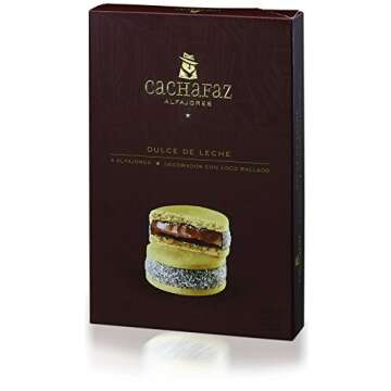 Cachafaz Alfajor Maizena - Cornstarch Sandwich Cookie filled with dulce de leche decorated with shredded coconut. 6 Units: 76 G