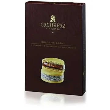 Cachafaz Alfajor Maizena - Cornstarch Sandwich Cookie filled with dulce de leche decorated with shredded coconut. 6 Units: 76 G
