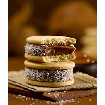Cachafaz Alfajor Maizena - Cornstarch Sandwich Cookie filled with dulce de leche decorated with shredded coconut. 6 Units: 76 G