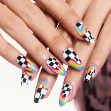 GLAMERMAID Press on Nails Medium Almond, Y2K Rainbow Oval Fake Nails with Checkerboard Color, Glossy Gel Short Stick Glue on Nails Pride Day, Acrylic Reusable Stiletto Summer False Nail Kit for Women