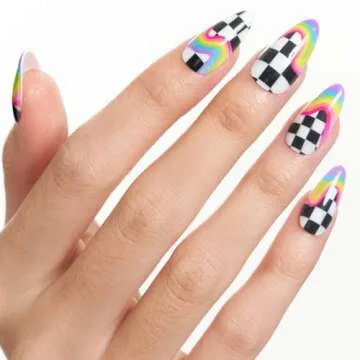 GLAMERMAID Press on Nails Medium Almond, Y2K Rainbow Oval Fake Nails with Checkerboard Color, Glossy Gel Short Stick Glue on Nails Pride Day, Acrylic Reusable Stiletto Summer False Nail Kit for Women