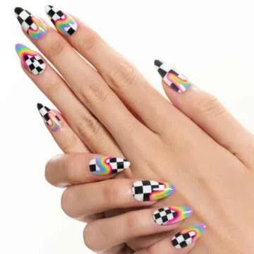 GLAMERMAID Press on Nails Medium Almond, Y2K Rainbow Oval Fake Nails with Checkerboard Color, Glossy Gel Short Stick Glue on Nails Pride Day, Acrylic Reusable Stiletto Summer False Nail Kit for Women