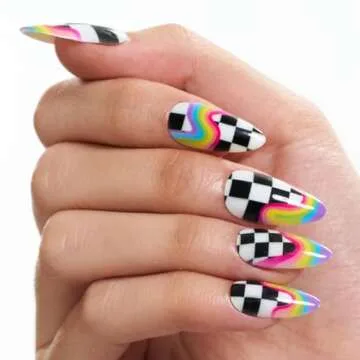 GLAMERMAID Press on Nails Medium Almond, Y2K Rainbow Oval Fake Nails with Checkerboard Color, Glossy Gel Short Stick Glue on Nails Pride Day, Acrylic Reusable Stiletto Summer False Nail Kit for Women