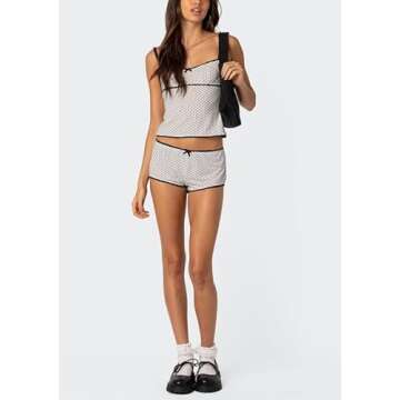 Seyurigaoka Women Y2k 2 Piece Lace Shorts Set Sleeveless V Neck Cami Top with Shorts Pajamas Sets Sleepwear(Polka Dots white,Medium)