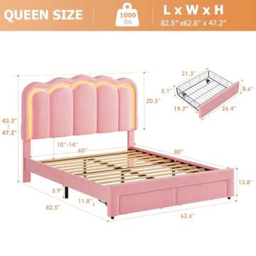Queen Upholstered LED Bed Frame with 2 Storage Drawers and Adjustable Chic Double Wavy Headboard, Ve...