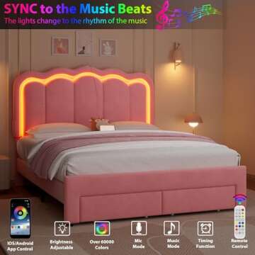 Queen Upholstered LED Bed Frame with 2 Storage Drawers and Adjustable Chic Double Wavy Headboard, Velvet Princess Platform Bed with Charing Station, Solid Wood Slats Support,No Box Spring Needed, Pink