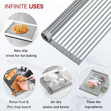 MERRYBOX Roll Up Dish Drying Rack, Silicone Wrapped Over The Sink Dish Rack Foldable Dish Drainer Anti-Slip Dish Racks for Kitchen Counter, Multipurpose Kitchen Sink Drying Rack, 18" x 13", Light Gray