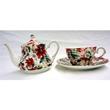 Poinsettia Design Tea for 1, Teapot with Lid, Cup and Saucer