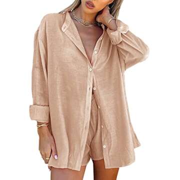 Winioder Women's Summer 2 Piece Outfits Long Sleeve Button Down Shirt and Loose High Waist Shorts Se...