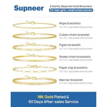 SUPNEER 6 inch Gold Bracelets for Women 6 Pcs Small Dainty Gold Bracelet Stack for Teen Adjustable 1...