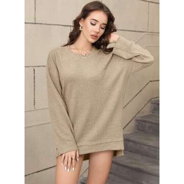 LUXVEER Womens Waffle Knit Oversized Tops 2024 Fall Shirts Fashion Long Sleeve Loose Fit Tunic Tops ...
