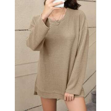 LUXVEER Womens Waffle Knit Oversized Tops 2024 Fall Shirts Fashion Long Sleeve Loose Fit Tunic Tops Crewneck Pullover Sweaters Trendy Outfits Khaki Medium
