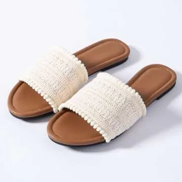 Mtzyoa Women Flat Sandals Beige Size 9 Cute Braided Leather Vacation Cute Bowtie Summer Casual Vacation Bohemian Ladies Leather Beach Comfy Champagne Slides