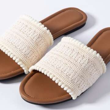 Mtzyoa Women Flat Sandals Beige Size 9 Cute Braided Leather Vacation Cute Bowtie Summer Casual Vacation Bohemian Ladies Leather Beach Comfy Champagne Slides