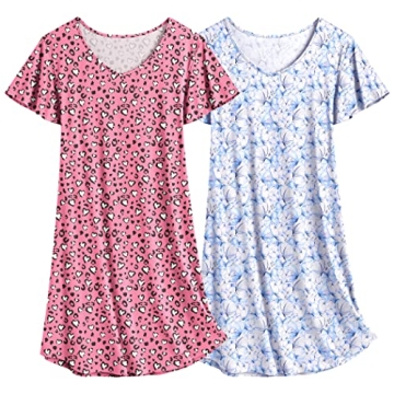 Ekouaer 2 Pack Women's Nightgowns - Flare Short Sleeves, V Neck Pajama Dress, XL