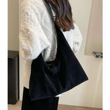 Suede Tote Bag Women Fall Winter Vintage Casual Handbag PU Strap Zip Slip Pocket Matte Shoulder Bag