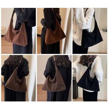 Suede Tote Bag Women Fall Winter Vintage Casual Handbag PU Strap Zip Slip Pocket Matte Shoulder Bag