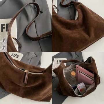 Suede Tote Bag Women Fall Winter Vintage Casual Handbag PU Strap Zip Slip Pocket Matte Shoulder Bag