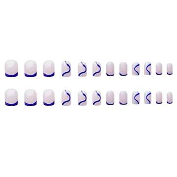 DANMANR Square Press on Nails Short Fake Nails French Acrylic Full Cover False Nails for Women and Girls 24PCS (Blue)
