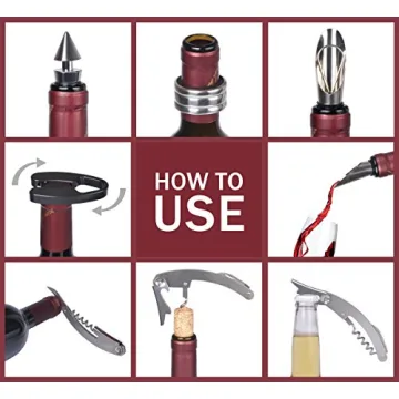 Wine Accessories Gift Set - Wine Bottle Corkscrew Opener Kit, Drip Ring, Foil Cutter and Wine Pourer and Stopper in Novelty Bottle-Shaped Case for Valentine's Gift, Red